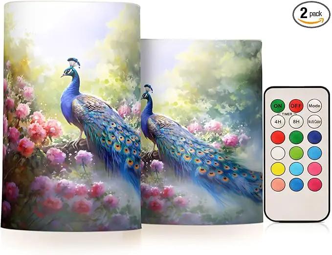 Flickering Flameless Candles, Peacock Flowers LED Candles with Remote Timer, Set of 2 Battery Operated Candle for Valentine Wedding Birthday by GreenHaven Gardens