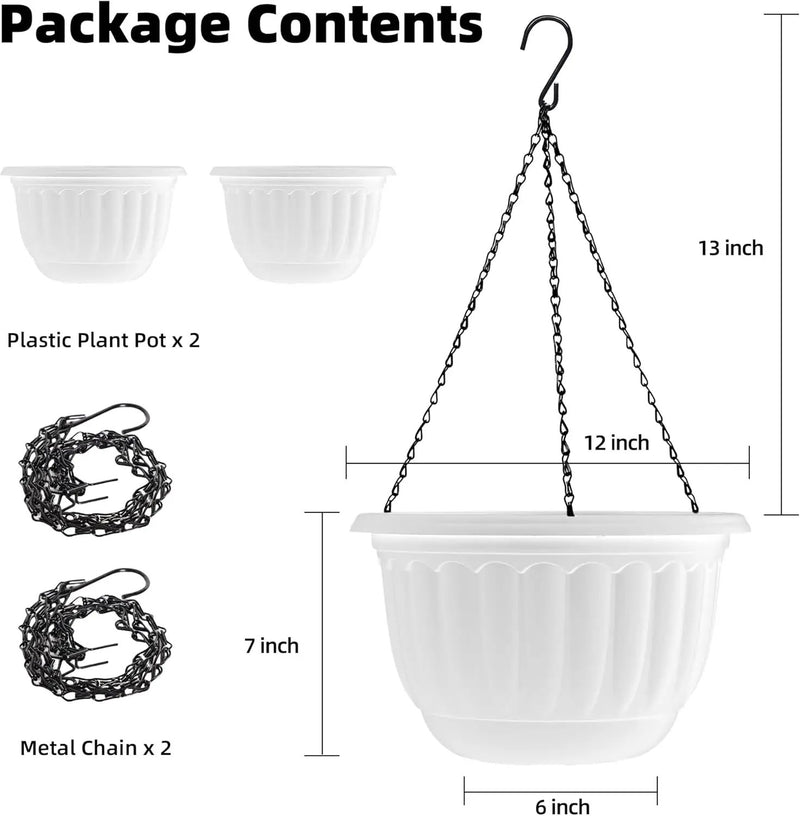 YIKUSH Planters for Outdoor Plants 2 Pack White Plant Pots with Drainage Hole and Absorbing Tray Hanging Planters for Indoor Plants (12 inch, 3 Hooks) by GreenHaven Gardens