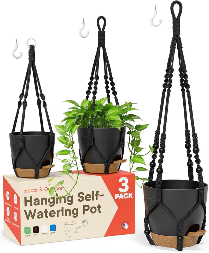 Black Hanging Self Watering Pots with Macrame Black Rope, 3 Pack Indoor & Outdoor Hanging Plant Pots with Built-in Reservoir, Wick Rope, Drainage Holes & Hooks, Stylish Boho Decor Hanging Planter by GreenHaven Gardens