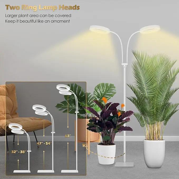 GLOWRIUM Grow Light with Stand,2-Head LED Plant Light for Indoor Plants, Full Spectrum Grow Lamp, 3/9/12H Timer, 6 Dimmable Levels, 3 Lighting Mode, Adjustable Height White by GreenHaven Gardens