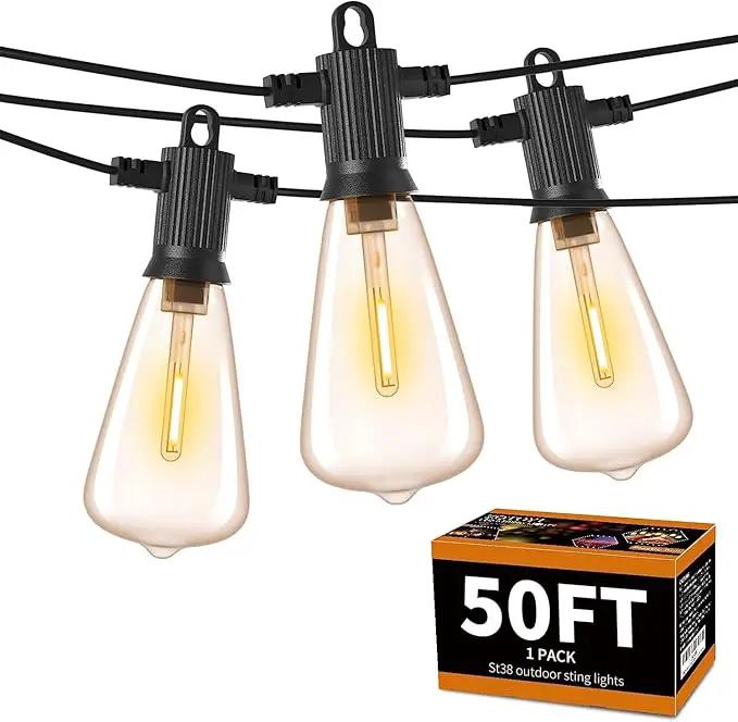ZOTOYI Outdoor String Lights 50 FT, Patio Bulbs with 27 LED Plastic Edison ST38 Bulbs (2 Spare), Waterproof IP65 Outdoor Hanging Lights for Garden, Backyard, Cafe, Porch, Gift, Gazebo - Dimmable 2700K by GreenHaven Gardens