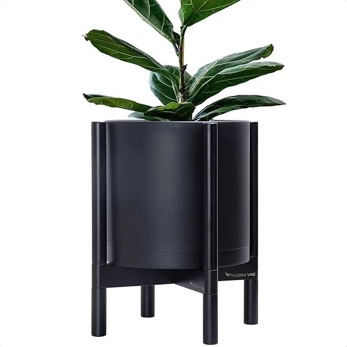D'vine Dev Planter Pot with Stand - 12 Inch Plastic Cylinder Flower Pot with Wood Planter Holder for Indoor, Matte Black Pot + Ebony Stand, 55-C-Q-2 by GreenHaven Gardens