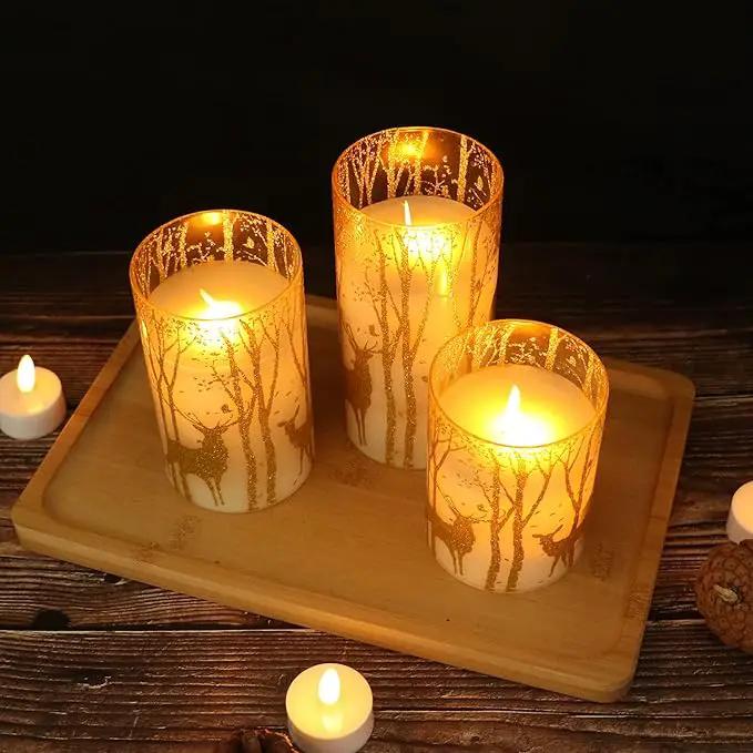 Christmas Deer Flameless Candles with Remote Timer, Glass Battery Operated Pillar Candles with Gold Elk Decor, LED Flickering Candles with 3D Wick and Real Wax for Winter Christmas Home Decor by GreenHaven Gardens