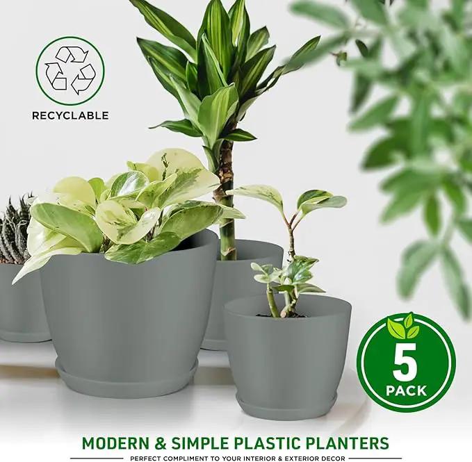 Planter Pots with Drainage Holes - Lightweight, Durable & Space-Saving Pots for Indoor and Outdoor - Versatile Functionality, Simple Modern Design, Set of 5 Plastic Planter Pots - Gray by GreenHaven Gardens