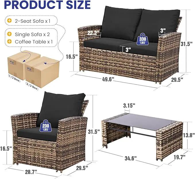 4 Piece Outdoor Patio Furniture Set,Wicker Conversation Sets Outdoor Sectional Patio Sofa Couch with Cushions & Coffee Table for Outside, Garden, Balcony, Porch,Yellow/Black by GreenHaven Gardens