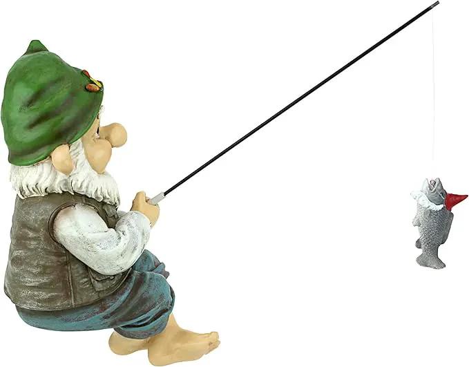Design Toscano Ziggy with Fishing Pole Garden Gnome Indoor/Outdoor Shelf Sitter Statue, 9 Inch Tall, Cast Stone Resin, Full Color Finish by GreenHaven Gardens