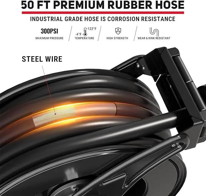 Fuel Hose Reel 3/4" x 50FT Retractable Diesel Hose Reel 300PSI Ratchet Spring Driven Hose Holder Reel Heavy Duty Industrial Steel with Fueling Nozzle for Aircraft Tank Truck Trailer Ship, Black by GreenHaven Gardens