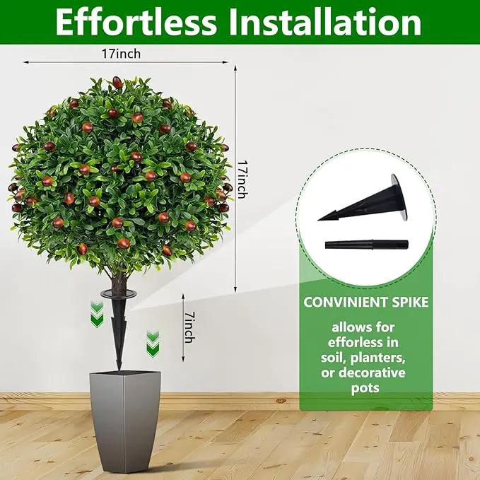 Artificial Olive Topiary Ball Trees with Ground Spike, Set of 2 UV Resistant Artificial Shrubs, Fake Evergreen Artificial Plant Bushes for Indoor Outdoor Front Porch Garden by GreenHaven Gardens