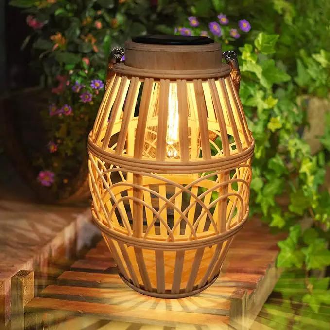 pearlstar Outdoor Solar Lanterns Light Rattan Natural Lantern with Handle for Hanging or Table Lamp for Patio Yard Garden Wedding Home Decoration, Edison Bulb, Auto on/Off (Style3) by GreenHaven Gardens