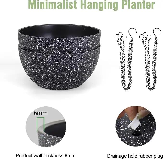 12 inch Large Hanging Planters for Indoor Outdoor Plants, 2 Pack Hanging Flower Pots with Drainage Holes and Chain for Garden Porch, Plastic Hanging Baskets for House Plants, Speckled Black by GreenHaven Gardens