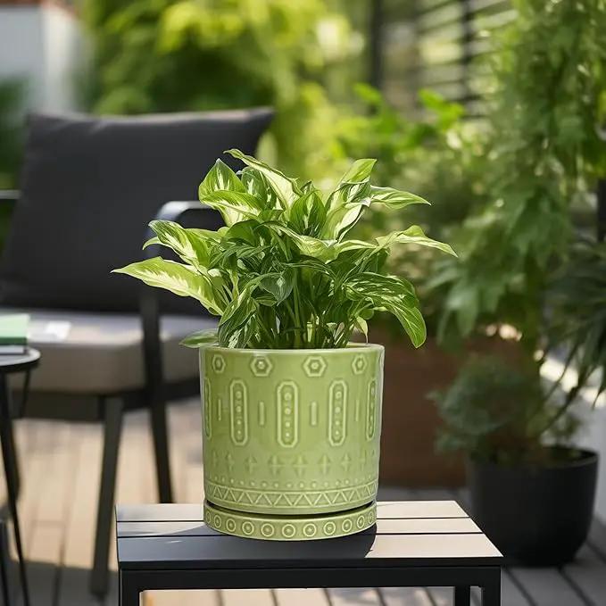 Ceramic Pot for Plants - 10 Inch Indoor Plant Pots with Drainage Holes and Saucer, Boho Round Planter Outdoor, Decorative Large Planter for Flower, Living Room Decor, Garden Gifts, Green by GreenHaven Gardens