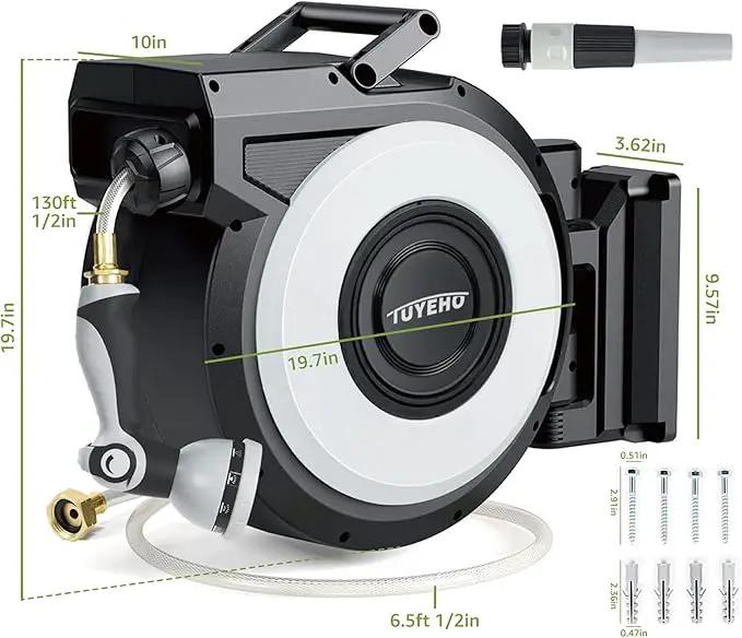 Tuyeho Retractable Garden Hose Reel 130 FT, Wall Mount Heavy Duty Water Hose Reels with Automatic Slow Rewind System, Outdoor Hoses Reel with 2 Hose Nozzles for Garden Watering, Car Wash, Pet Shower by GreenHaven Gardens