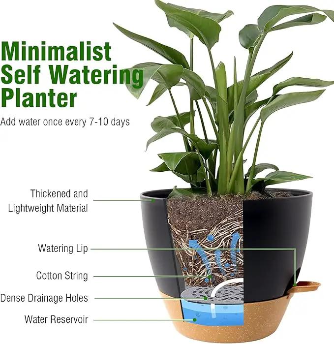 10/9/8 inch Medium Self Watering Pots, Planter, Plant Pots with Mesh Drainage Holes for Indoor Outdoor Garden Plants, Plastic Flower Pots with Removable Deep Reservoir, Black with Brown by GreenHaven Gardens