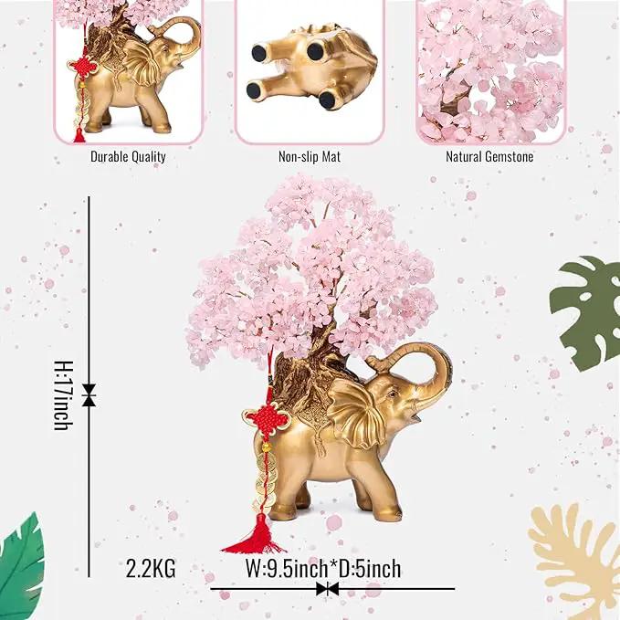 Rose Quartz Crystal Money Tree on Gold Elephant Statue, 17”Large Gemstone Bonsai Tree of Life Home Décor Gifts for Wealth Positive Energy, Feng Shui Décor by GreenHaven Gardens