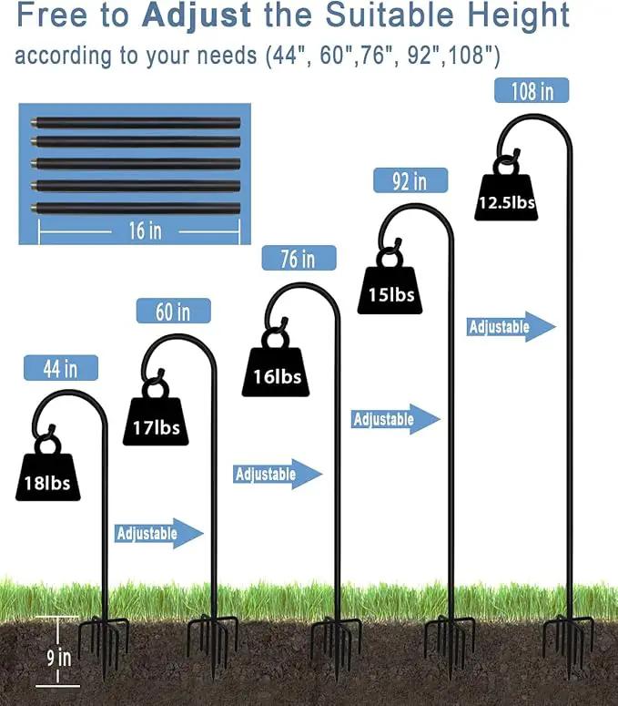 108 inch Outdoor Shepherd Hook with 7 Prong Base (1 Pack), Adjustable Heavy Duty Garden Hanging Stake for Bird Feeder Solar Light Plant Hanger Wedding Decor, Matte Black by GreenHaven Gardens