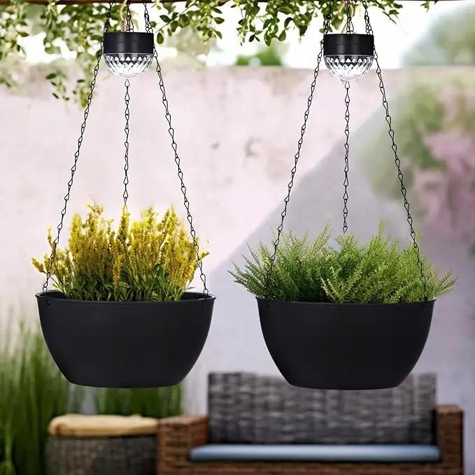 2 Packs Hanging Planters Basket for Outdoor Plants, Solar Powered Self Watering Black Round Plastic Flower Pots with Drainer for Balcony Patio Garden Outdoor Decoration by GreenHaven Gardens