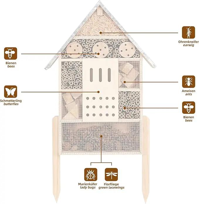 antiai Extra Large Wooden Insect House with Stakes,Wood Mason Bee Butterfly House,Insect Hotel,an Outdoor Bamboo Habitat for Ladybugs Live,Bee Box,Butterfly Habitat for Garden and Yard,30" H x15 W by GreenHaven Gardens