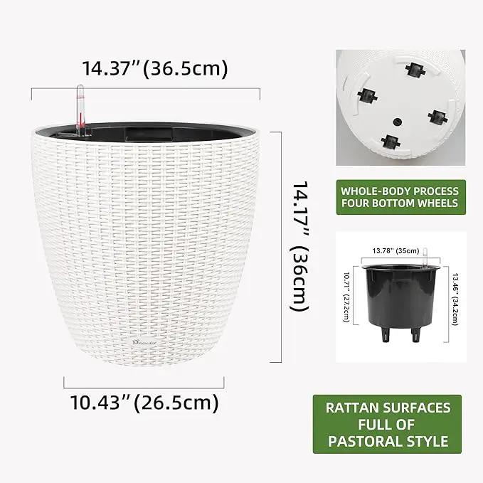 Dexceder 15x14 Rattan Self Watering Planter with Wheels Indoor Outdoor, Inner Pot Design, Thickened Large Floor Standing Flower Plant Pot with Water Level Indicator (Ivory White) by GreenHaven Gardens