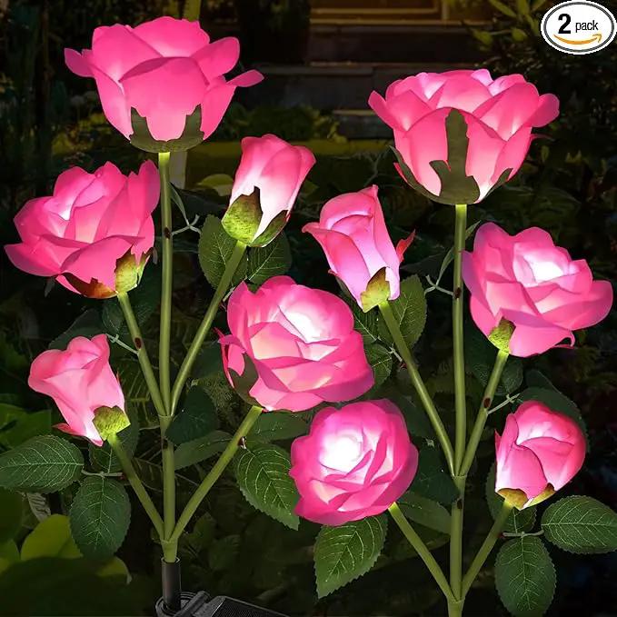 Solar Garden Lights - Realistic 10 Rose Waterproof Solar Powered Flowers for Outside Patio Yard Pathway Decorations, 2 Pack Pink by GreenHaven Gardens