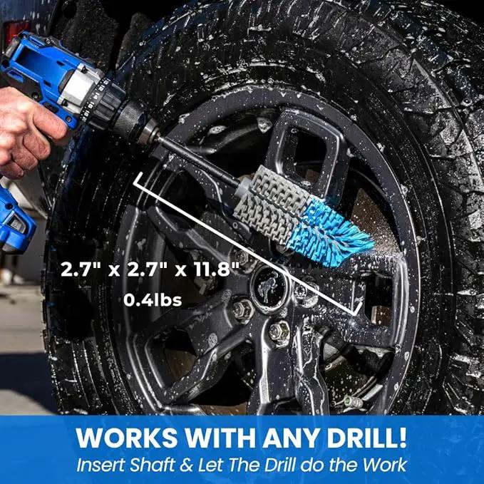 Long Reach Drill Brush Attachment, All Purpose for Car Tires, Wheels, Wheel Wells, Engine Bays, Exhaust Pipes, Running Boards, Hard to Reach Areas, with Heavy Duty Non-Scratch Nylon Bristles by GreenHaven Gardens