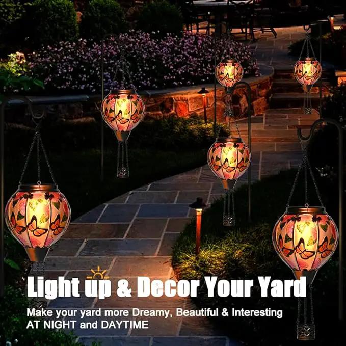 Hot Air Balloon Solar Lantern - Butterfly Stained Glass Lantern with Simulated Flickering Flame, Outdoor Hanging Yard Light Waterproof IP65 & Weather Resistant for Garden Patio Lawn Porch Decor Gfit by GreenHaven Gardens