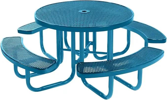 Heavy-Duty Portable Outdoor Picnic Table with Umbrella Hole, Punched Steel Commercial-Grade Patio Furniture Made in America (46" Round Top, Light Blue with Light Blue Frames) by GreenHaven Gardens