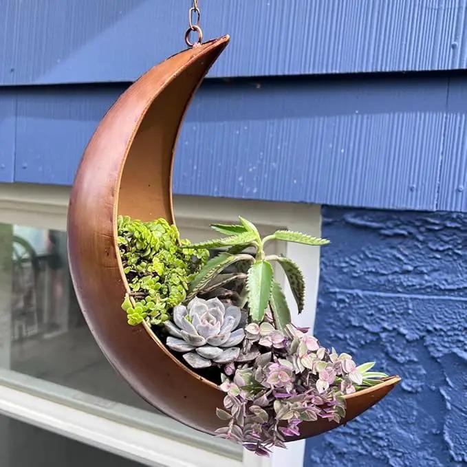 Gold Hanging Moon Planter – with Drain Holes - Moon Room Decor - Unique Planters for Succulents,Air Plant, Cactus, Artificial Plants- Plant Lover Gifts - Boho,Hippie, Birthdays,Witchy Gifts for Women by GreenHaven Gardens