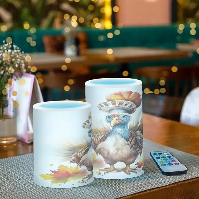 Flickering Flameless Candles, Cute Turkey Thanksgiving Pumpkin LED Candles with Remote Timer, Set of 2 Battery Operated Candle for Valentine Wedding Birthday by GreenHaven Gardens