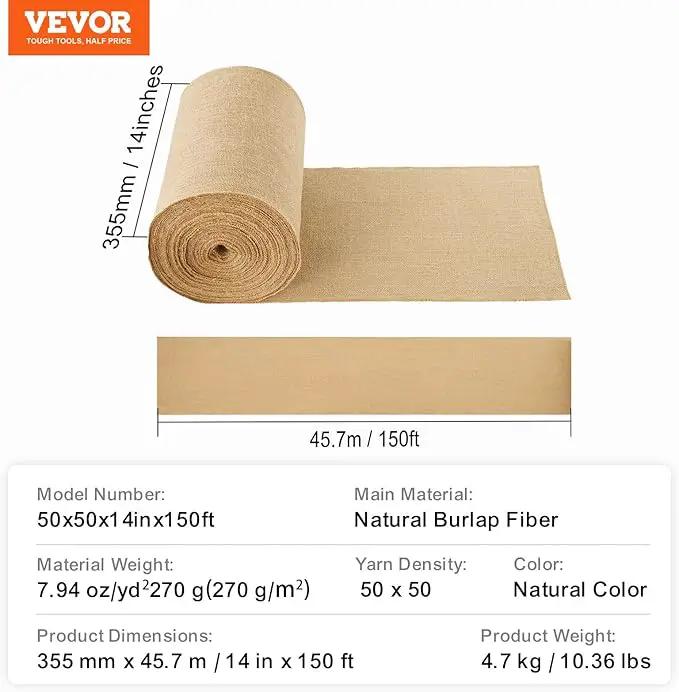 VEVOR Burlap Fabric Roll, 14” x 150 ft High Density Natural Jute Fiber Material for Outdoor Plant Care, Tree Wrap Roll, Decor, DIY Crafts, Wedding, Garden Weed Barrier, Plants & Trees Winter Covering by GreenHaven Gardens
