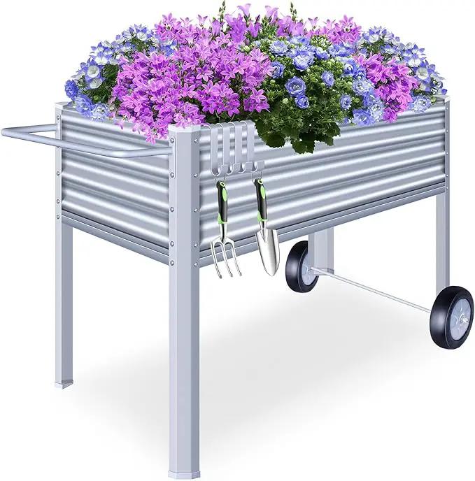 Galvanized Raised Garden Bed with Legs, Metal Raised Planter Box with Drainage Holes Outdoor Elevated Garden Bed on Wheels for Backyard, Patio, Balcony by GreenHaven Gardens
