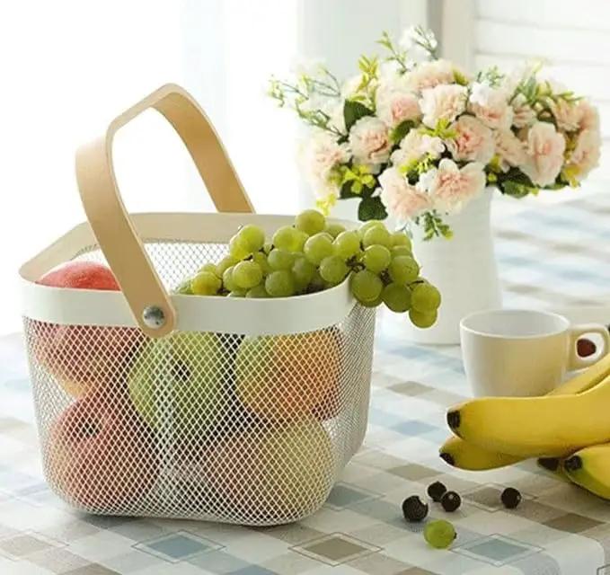 Metal Mesh Steel Basket, Storage Organizer Basket Multi-functional Hanging Kitchen Baskets Fruit Basket Bin with Bamboo Handle for Kitchen Bathroom Picnic Shopping Decor Cabinet Home, Beige by GreenHaven Gardens