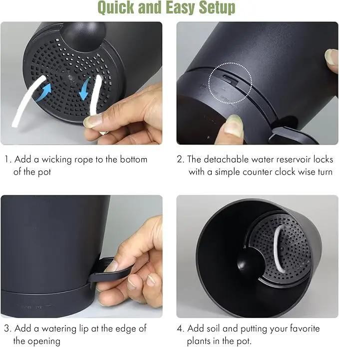 4 inch Self Watering Pots for Indoor Outdoor Plants, 6 Pack Plastic Flower Planters with Drainage Holes and Removable Saucers, Plant Pots with Wicking Rope, Modern Decor, Black by GreenHaven Gardens