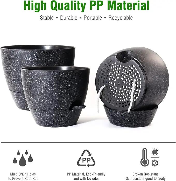 10/9/8 inch Self Watering Pots, Set of 3 Plastic Planters with Mesh Drainage Holes and Deep Reservoir for Indoor Outdoor Garden Plants and Flowers, Black Speckles by GreenHaven Gardens