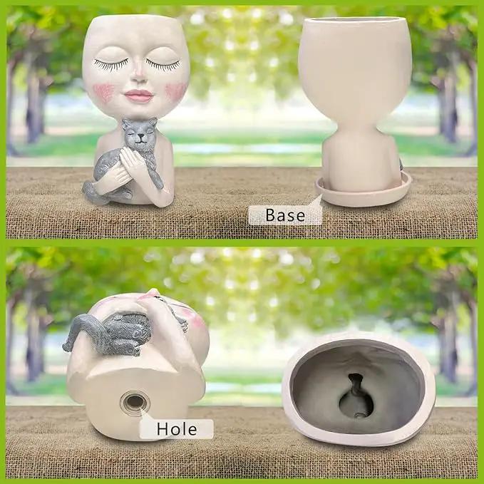 Head Planter with Drainage Hole, Resin Art Vase, Cute Lady Hugging Cat Succulent Flower Pots, Unique for Indoor Outdoor Decor, 7.28in by GreenHaven Gardens