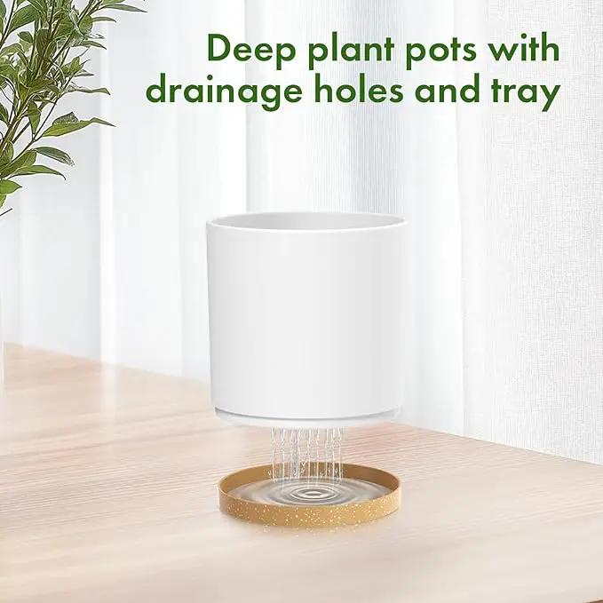 12/10/8 inch Large Flower Pots, 3 Pack Cylinder Deep Plant Pots for Outdoor Indoor Plants, Tall Plastic Planters with Drainage Holes and Saucers for Garden House Plants, White with Brown by GreenHaven Gardens