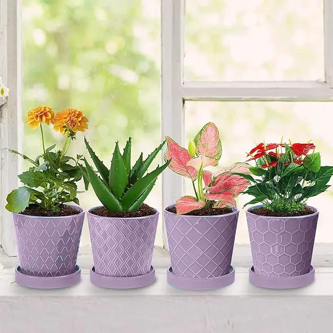 Plant Pots Indoor –5 in Ceramic Flower Pot with Drainage Hole and Ceramic Tray - Gardening Home Desktop Office Windowsill Decoration Gift, Set of 4 - Plants Not Included(Purple) by GreenHaven Gardens
