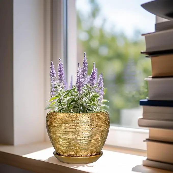 Indoor Plant Pot 6 Inch - Ceramic Pot for Plants Outdoor Planter with Drainage Hole and Saucer Round Decorative Planter Modern Flower Pot for Home Decor Gold by GreenHaven Gardens