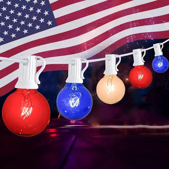 4th of July Decorations String Lights, 25Ft Outdoor Patio String Lights with 27 G40 Red White and Blue Light Bulbs(2 Spare), Independence Day Lights for Patriotic Party Garden Festival Decor- White by GreenHaven Gardens