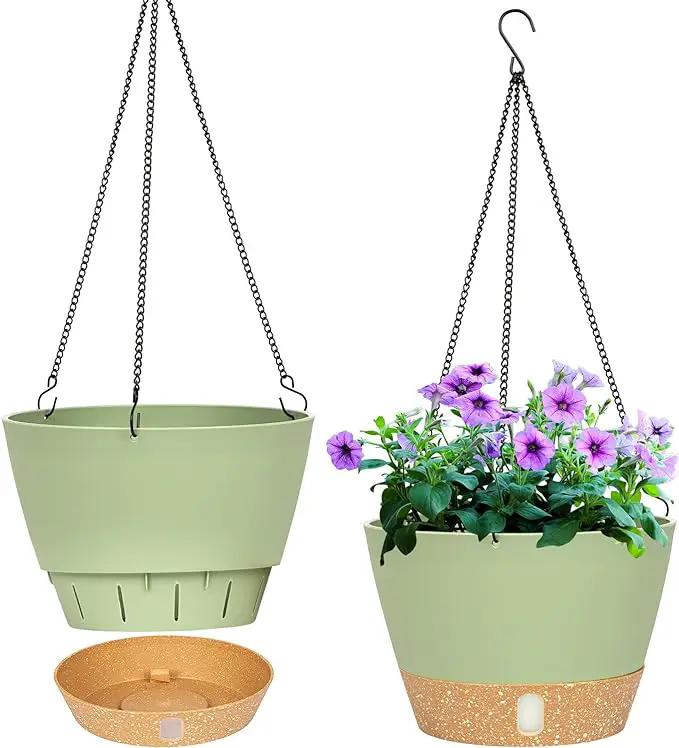 QCQHDU 2 Pack 8 inch Hanging Planters for Indoor Plants, Outdoor Hanging Baskets, Self Watering Pots with Drainage Holes & Removable Tray (Green, 8 inch) by GreenHaven Gardens