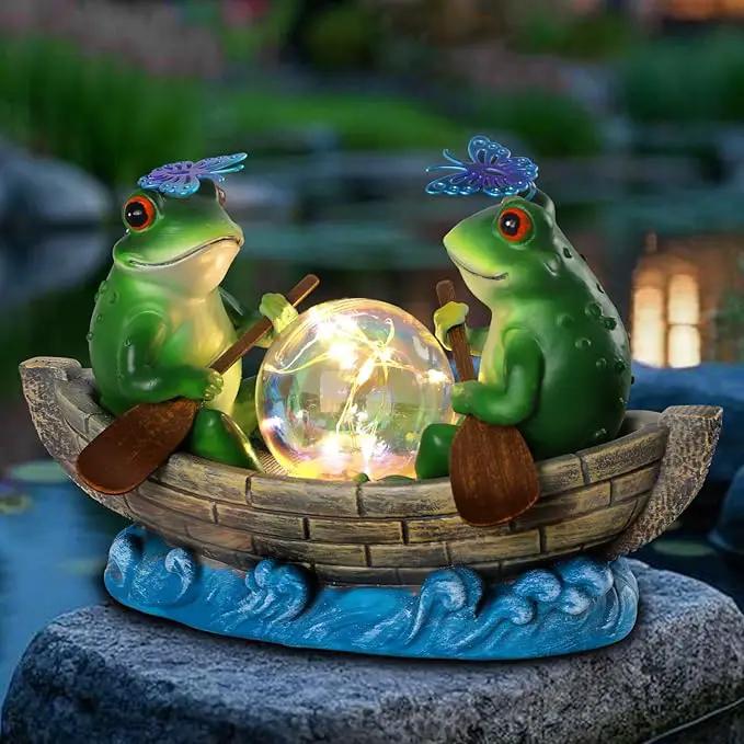 Solar Frog Boating Garden Statue with Ball Light 5.1" Resin Frogs Decor for Home Front Door Patio Porch Balcony Women Gardeners Moms Wives Girlfriends by GreenHaven Gardens