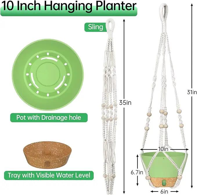ZMTECH 2 Pack 10 Inch Hanging Planters with Macrame Plant Hanger for Indoor and Outdoor Plants, Self Watering, Drainage Hole, Visible Level Tray, Green by GreenHaven Gardens
