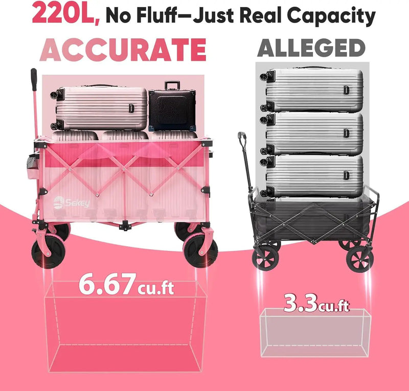 Sekey 220L Collapsible Foldable Wagon with 330lbs Weight Capacity, Heavy Duty Folding Utility Garden Cart with Big All-Terrain Beach Wheels & Drink Holders.Pink by GreenHaven Gardens