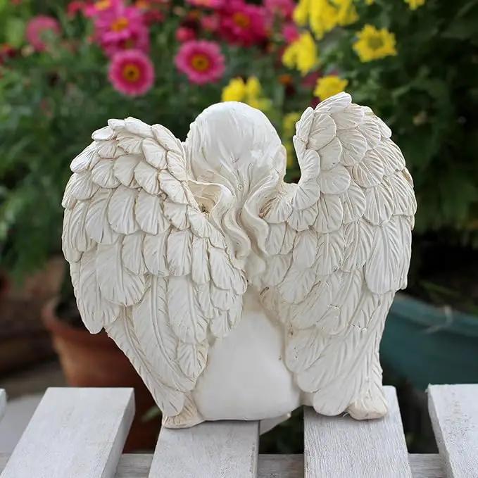 Angel Garden Statue, Sitting Angel Sculpture, Resin Angel with Bird Figurine for Patio Yard Porch Lawn Outdoor Decor Home Shelf Sitter Memorial Spiritual Gifts by GreenHaven Gardens