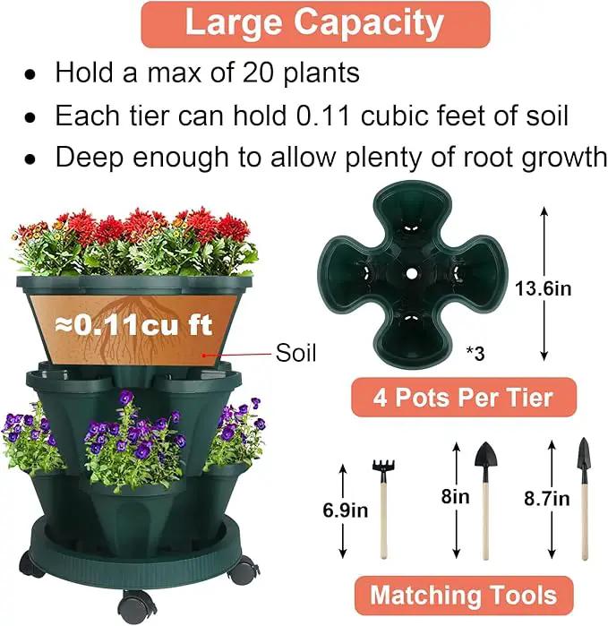 Vertical Planter 3 Tier Stackable Planters Garden Planters Strawberry Herb Flower and Vegetable Planter Indoor Outdoor Gardening Pots with Removable Wheels and Tools 2-Pack by GreenHaven Gardens