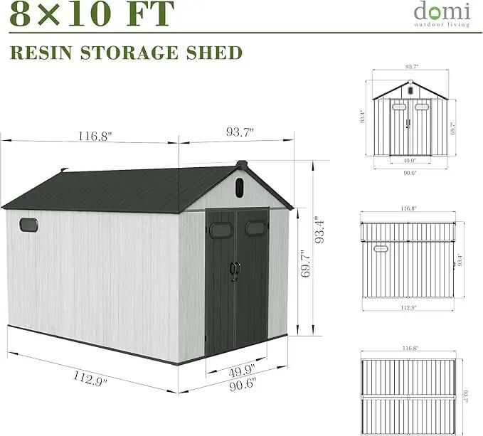 Domi 8x10FT Outdoor Resin Storage Shed with Transparent Windows & Louvered Vents, Plastic Tool Shed with Double Lockable Doors & Gable Roof, Outside Garden Shed for Backyard, Patio, Lawn, Grey by GreenHaven Gardens