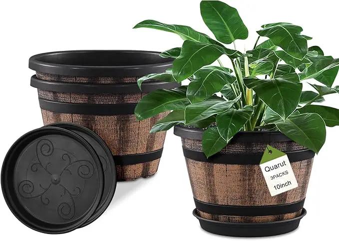 Quarut 3 Pack 10 inch Plant Pots,Whiskey Barrel Planters with Drainage Holes & Saucer, Plastic Decoration Flower Pots Imitation Wine Barrel Design, for Indoor & Outdoor Garden Home Plants (Brown) by GreenHaven Gardens