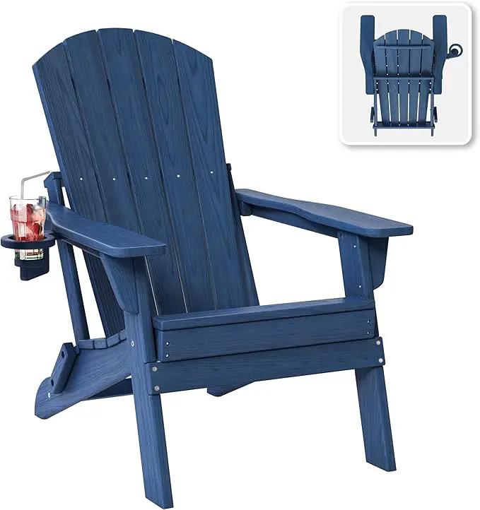 Folding Adirondack Chair with Cup Holder, HDPE All Weather Resistant Plastic Outdoor Patio Chairs, Heavy Duty Fire Pit Seating for Backyard Lawn Garden, Wooden Textured Design(Navy Blue) by GreenHaven Gardens
