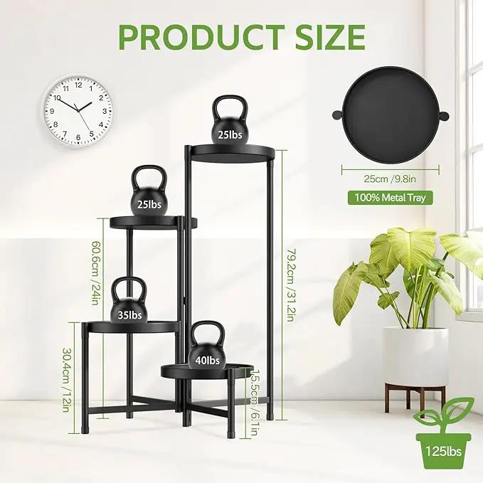 iDavosic.ly 4 Tier Large Plant Stand Indoor with 10 Inch Wide Tray, Tiered Corner Metal Outdoor Flower Display Holder Shelf, Folding Tall Rack for Patio Porch Living Room, Modern Black by GreenHaven Gardens