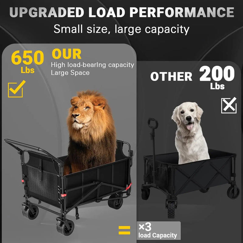 LEVELEVE Heavy Duty Folding Wagon - 2-in-1 Collapsible Cart, 650lb Capacity, All-Terrain Wheels w/Brakes & Side Pockets (Black) by GreenHaven Gardens