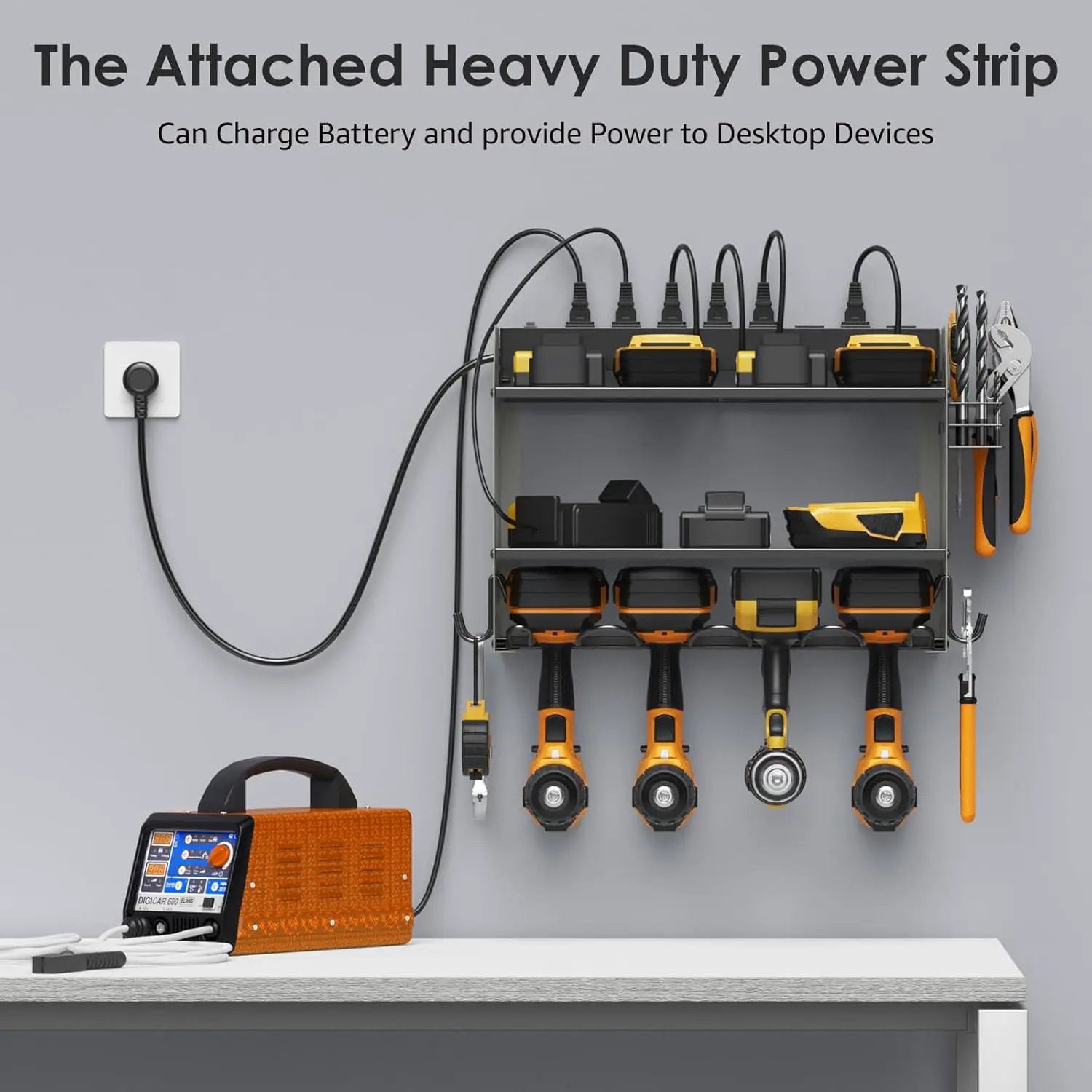 CCCEI Set Power Tool Organizer Wall Mount with Charging Station. Garage 4 Drill Storage Shelf with Hooks, Heavy Duty Metal Tool Battery Charger Organizer. Shop Utility Rack with Power Strip Grey. by GreenHaven Gardens
